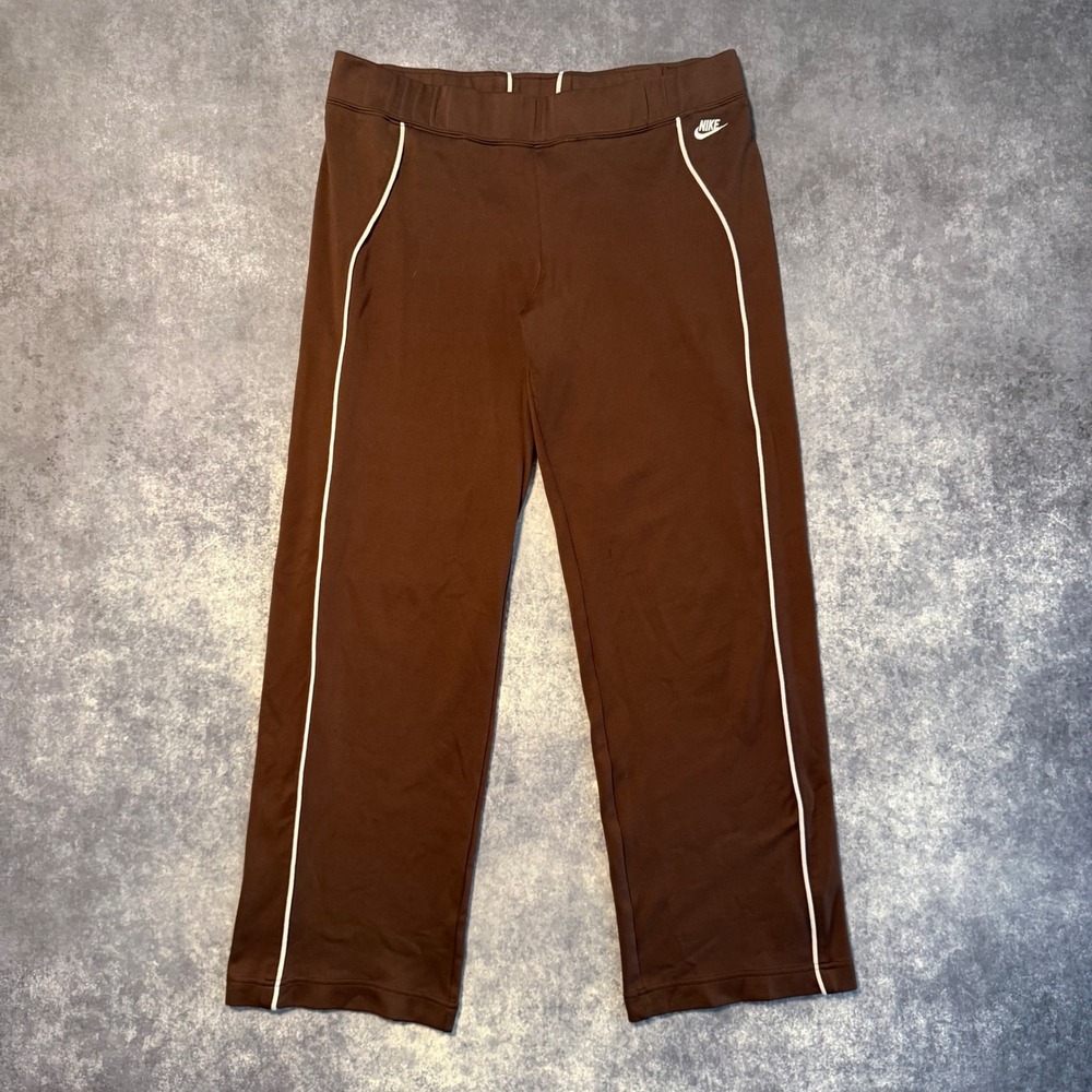 Vintage Y2K Nike Brown Track Pants Women Medium White Piping Straight Leg Swoosh